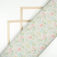 Tea Green And Flamingo Pink Floral Pattern Digital Print Chanderi Fabric