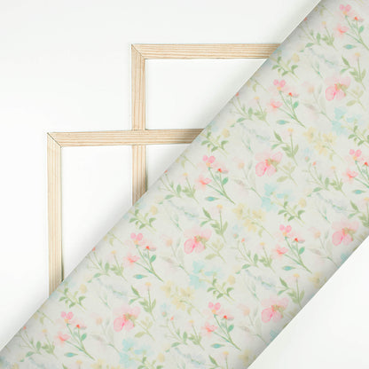Tea Green And Flamingo Pink Floral Pattern Digital Print Chanderi Fabric