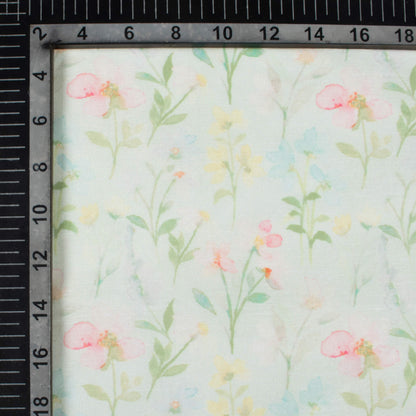 Tea Green And Flamingo Pink Floral Pattern Digital Print Chanderi Fabric