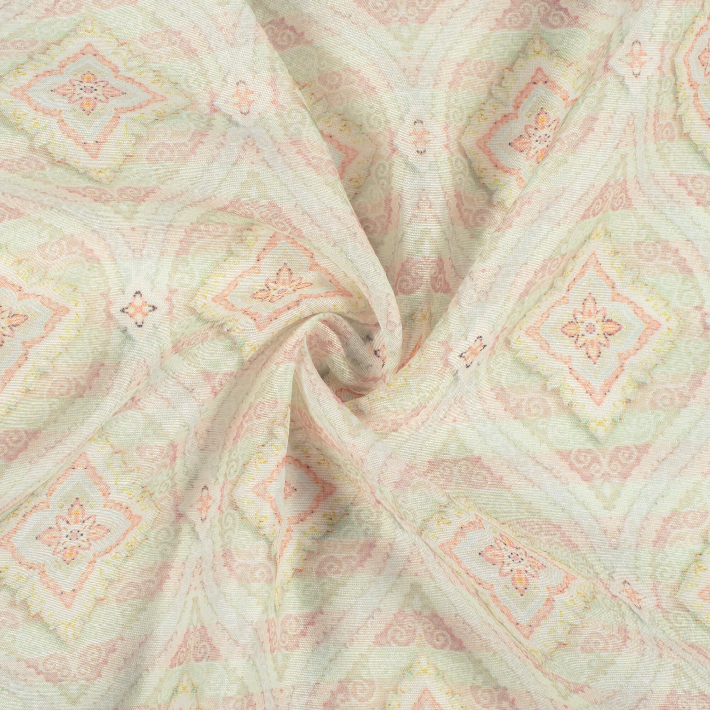 Moss Green And Coral Peach Trellis Pattern Digital Print Chanderi Fabric