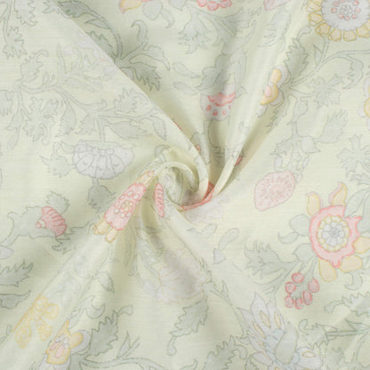 Tea Green And Pale Pink Floral Pattern Digital Print Chanderi Fabric