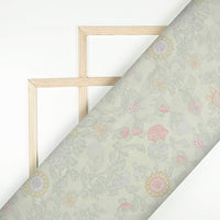 Tea Green And Pale Pink Floral Pattern Digital Print Chanderi Fabric