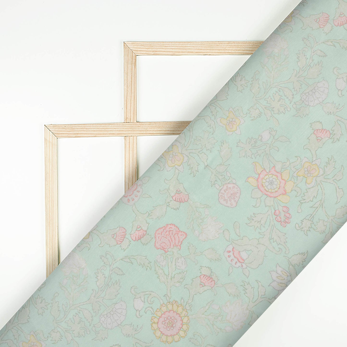 Mint Green And Pale Pink Floral Pattern Digital Print Chanderi Fabric