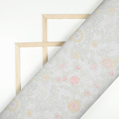 Pastel Green And Pale Pink Floral Pattern Digital Print Chanderi Fabric