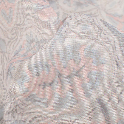 Peach And Grey Leaf Pattern Digital Print Chanderi Fabric