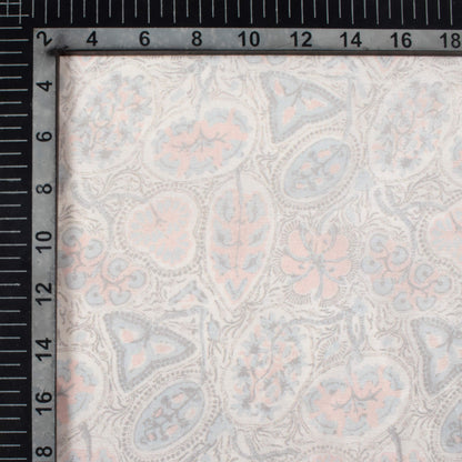 Peach And Grey Leaf Pattern Digital Print Chanderi Fabric