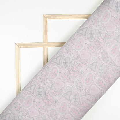Pastel Pink And Seal Grey Leaf Pattern Digital Print Chanderi Fabric