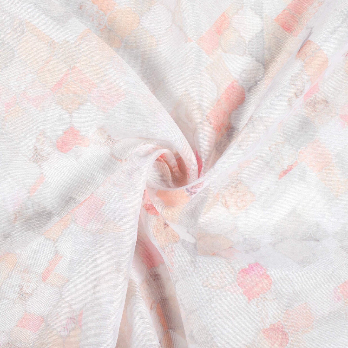 White And Peach Geometric Pattern Digital Print Chanderi Fabric