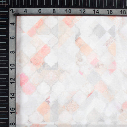 White And Peach Geometric Pattern Digital Print Chanderi Fabric