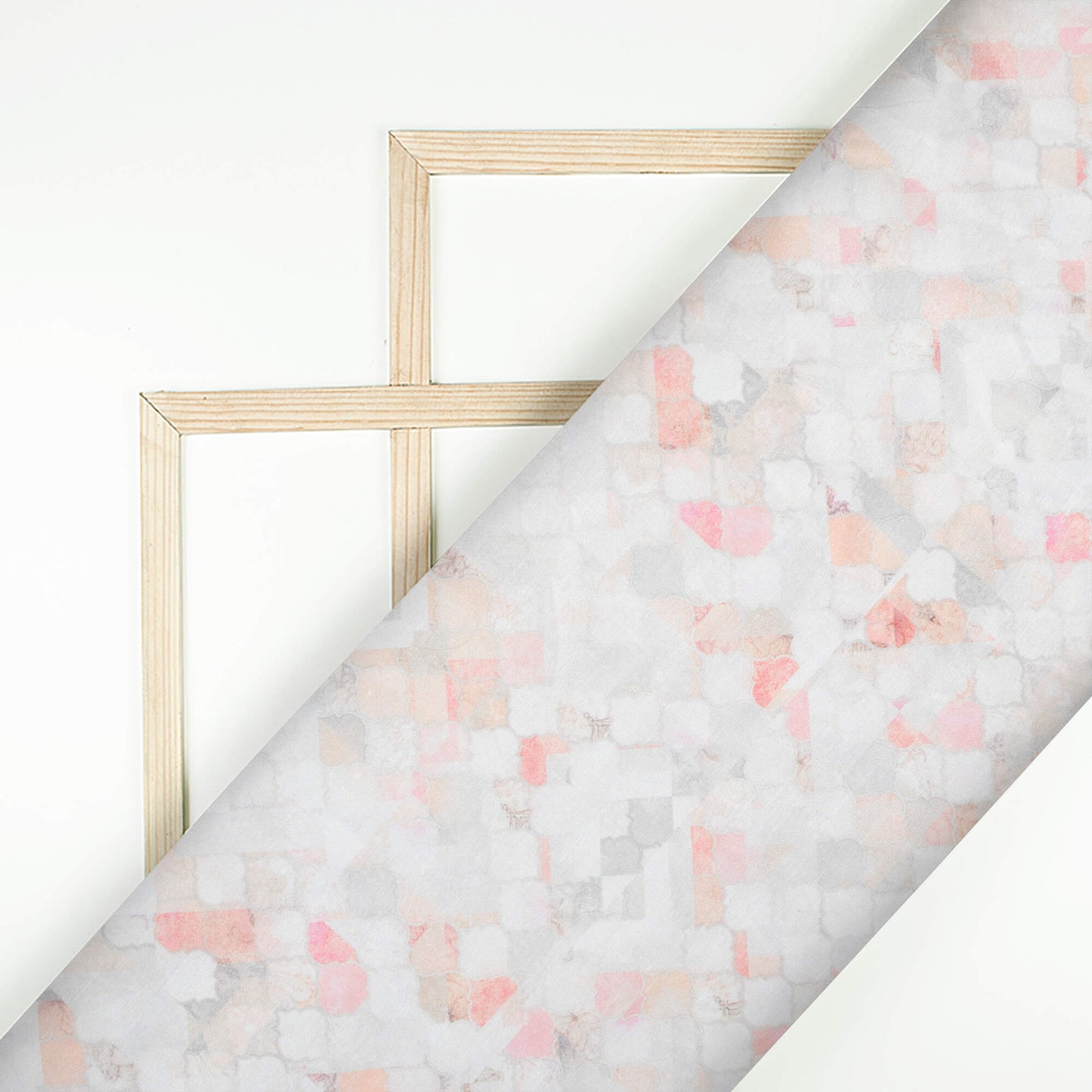 White And Peach Geometric Pattern Digital Print Chanderi Fabric