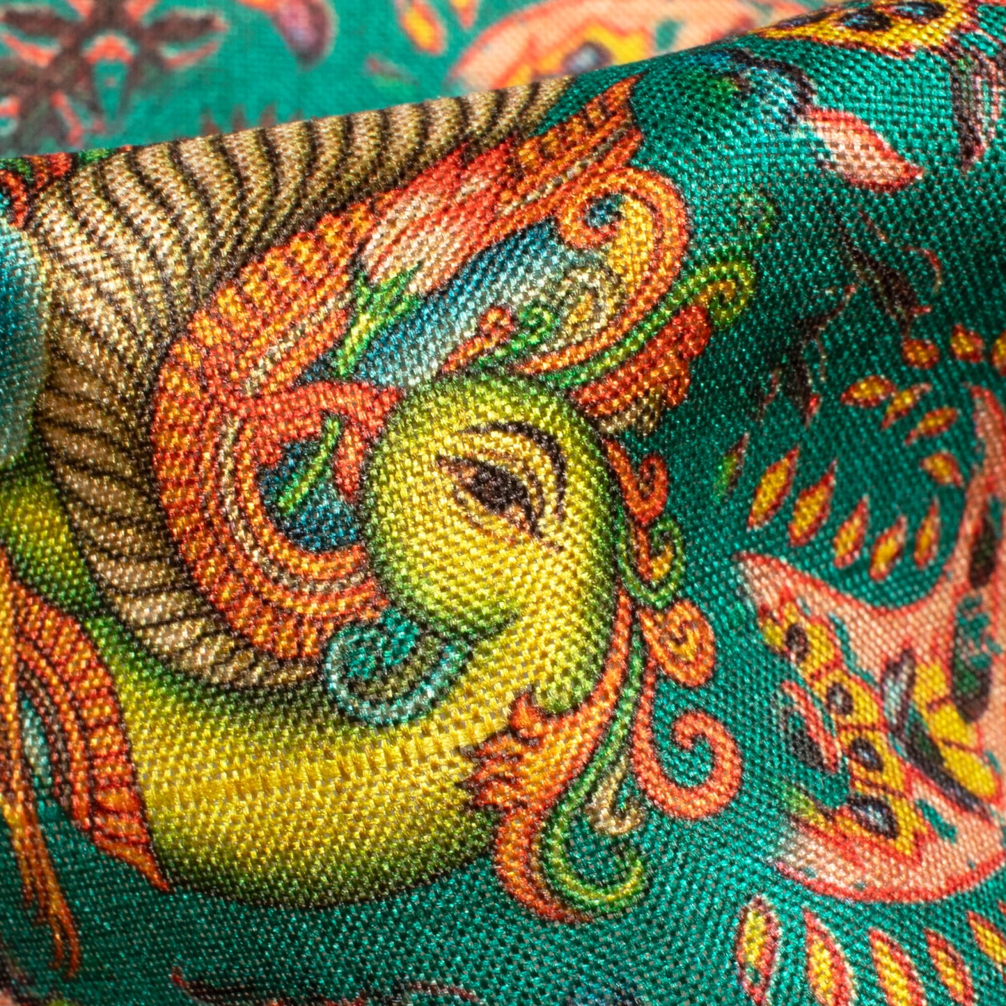 Peacock Green And Orange Madhubani Pattern Digital Print Art Tusser Silk Fabric
