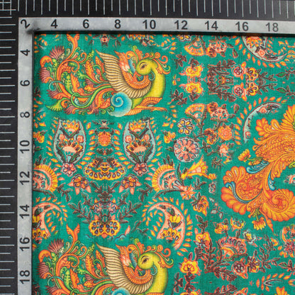 Peacock Green And Orange Madhuvanii Pattern Digital Print Art Tusser Silk Fabric