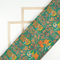 Peacock Green And Orange Madhuvanii Pattern Digital Print Art Tusser Silk Fabric