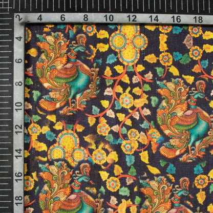 Black And Bumblebee Yellow Madhuvanii Pattern Digital Print Art Tusser Silk Fabric