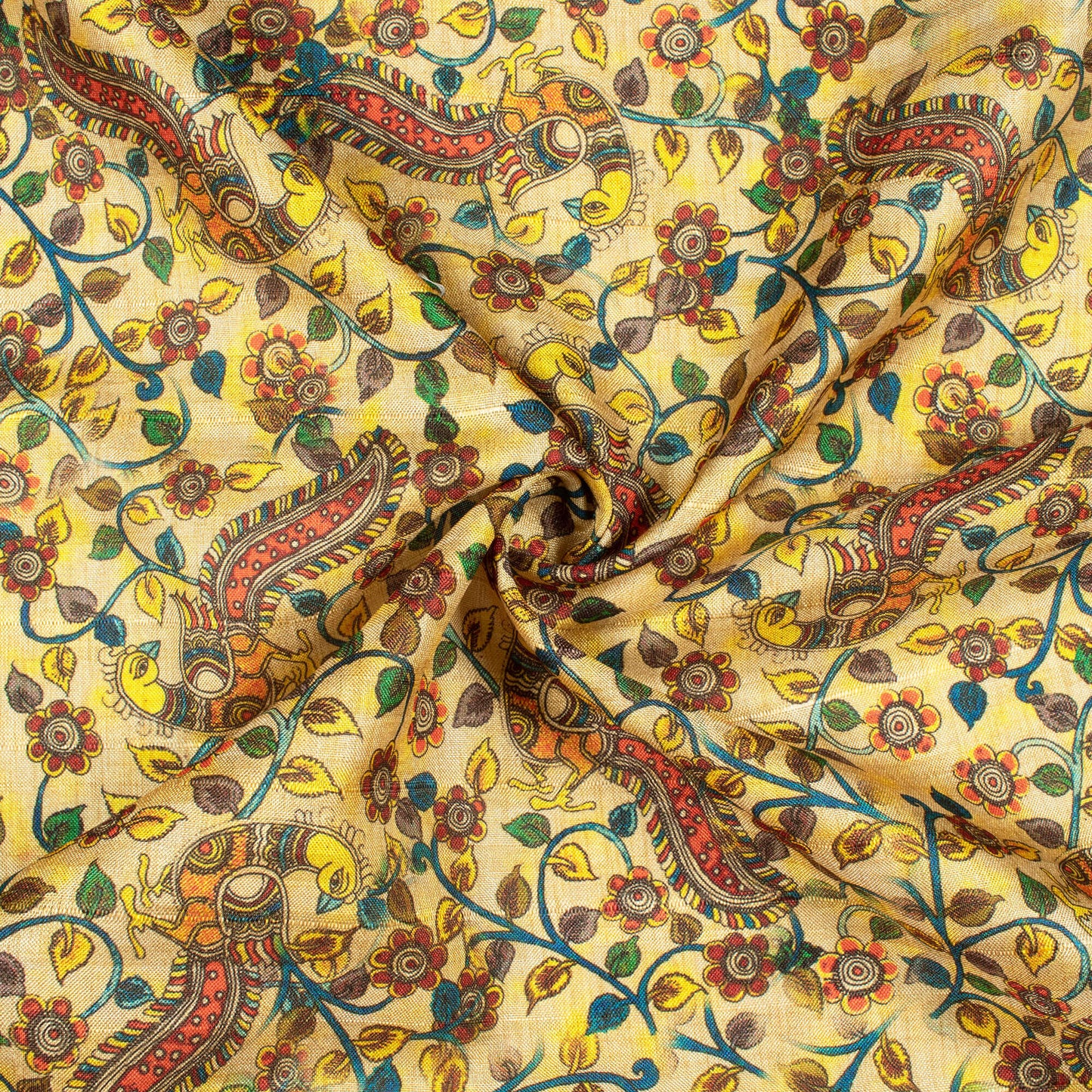 Beige And Dark Green Madhubani Pattern Digital Print Art Tusser Silk Fabric