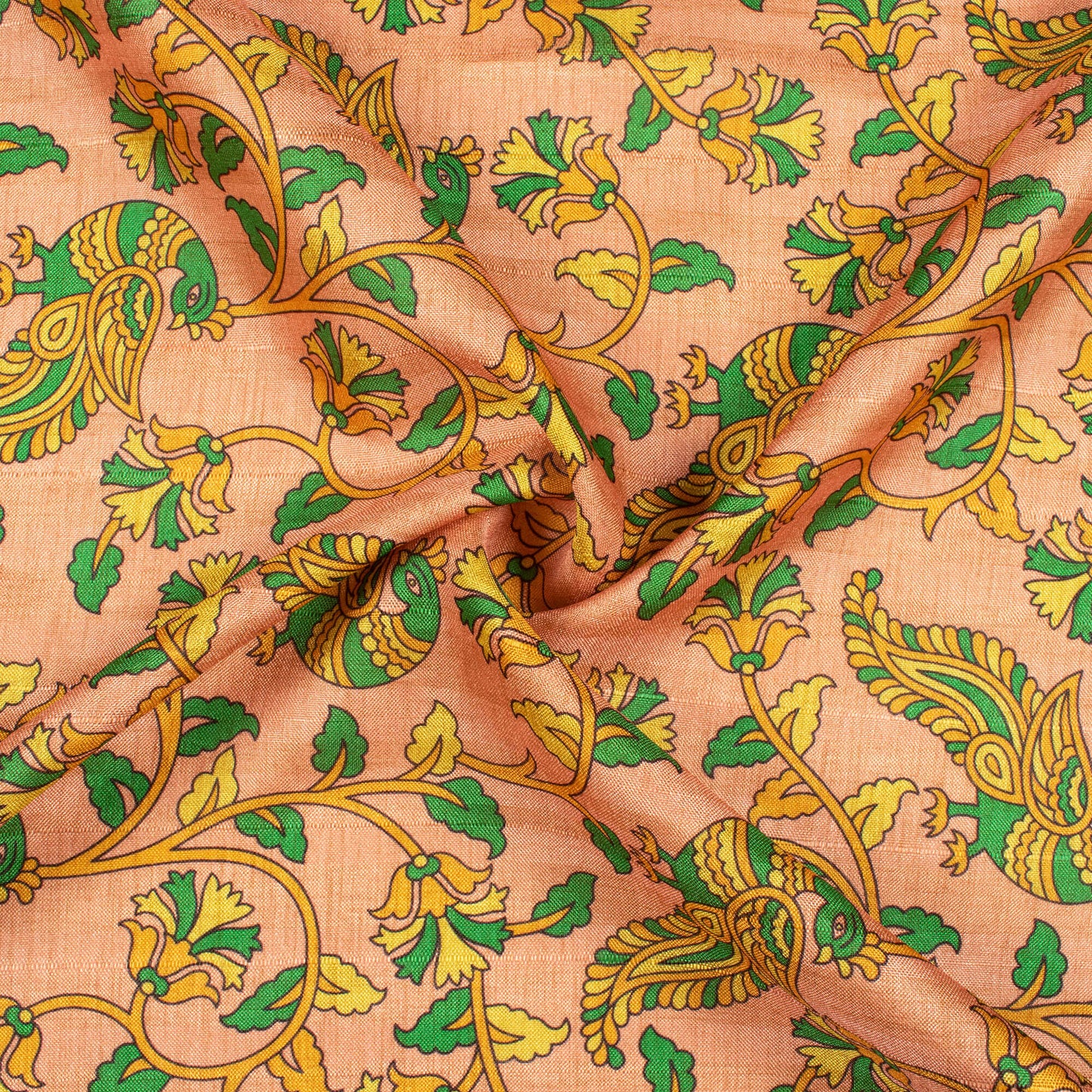 Peach And Fern Green Madhubani Pattern Digital Print Art Tusser Silk Fabric