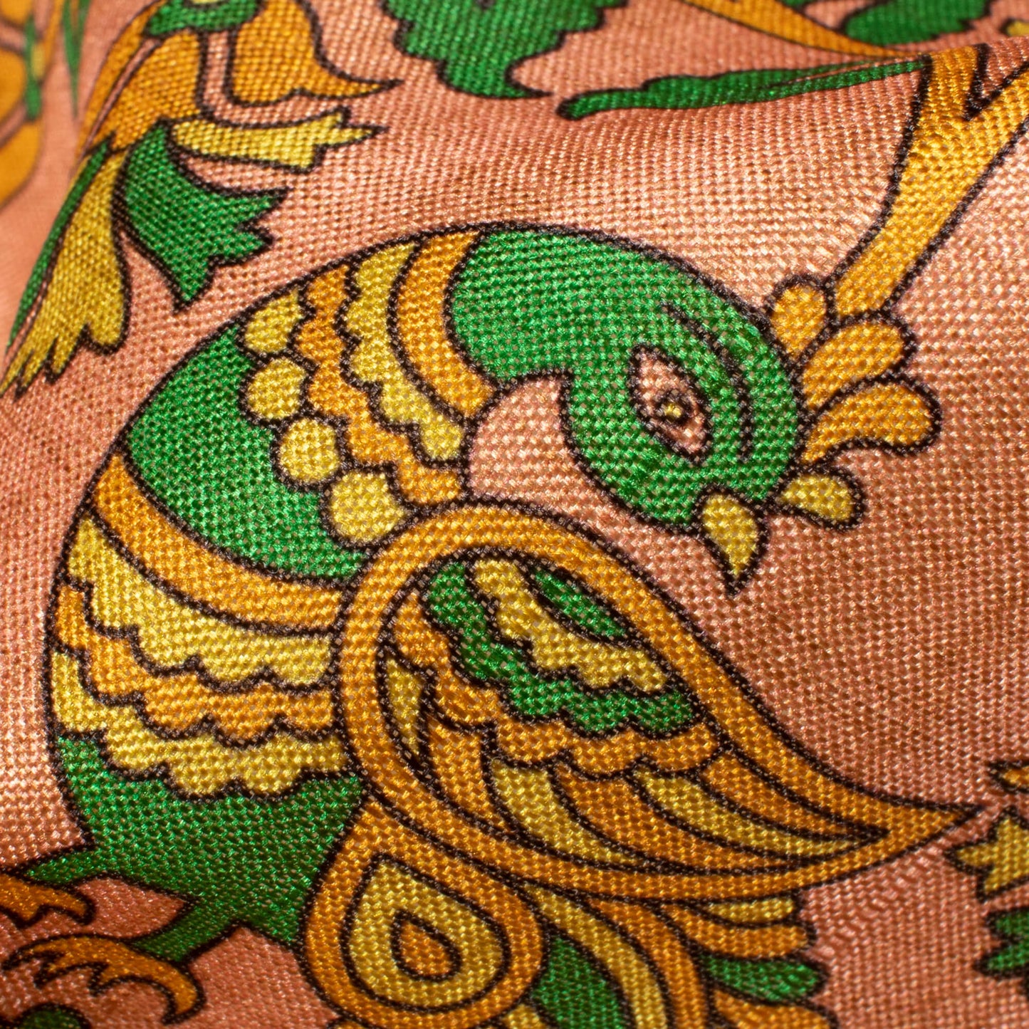 Peach And Fern Green Madhubani Pattern Digital Print Art Tusser Silk Fabric