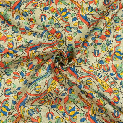 Summer Green And Vermilion Red Madhuvanii Pattern Digital Print Art Tusser Silk Fabric