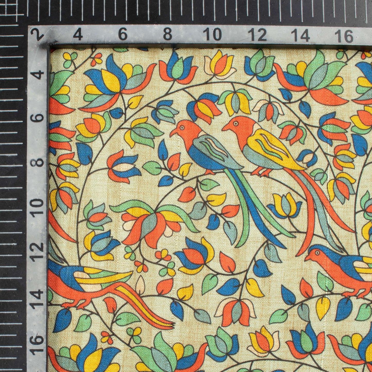 Summer Green And Vermilion Red Madhubani Pattern Digital Print Art Tusser Silk Fabric