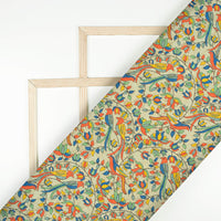 Summer Green And Vermilion Red Madhuvanii Pattern Digital Print Art Tusser Silk Fabric