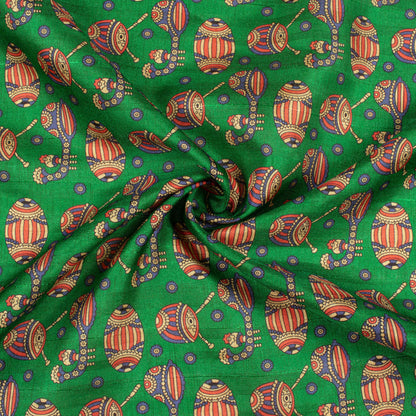 Forest Green And Vermilion Red Madhuvanii Pattern Digital Print Art Tusser Silk Fabric