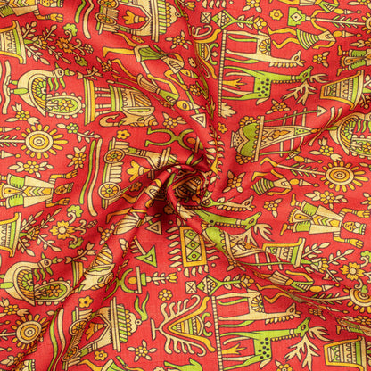 Sangria Red And Mantis Green Madhuvanii Pattern Digital Print Art Tusser Silk Fabric
