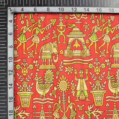 Sangria Red And Mantis Green Madhuvanii Pattern Digital Print Art Tusser Silk Fabric