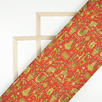 Sangria Red And Mantis Green Madhuvanii Pattern Digital Print Art Tusser Silk Fabric