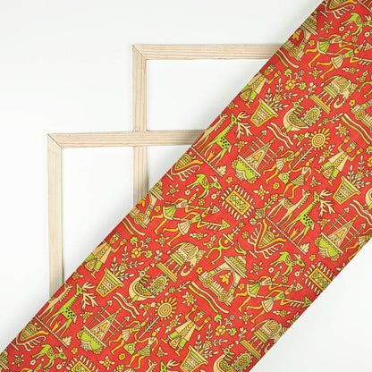Sangria Red And Mantis Green Madhuvanii Pattern Digital Print Art Tusser Silk Fabric