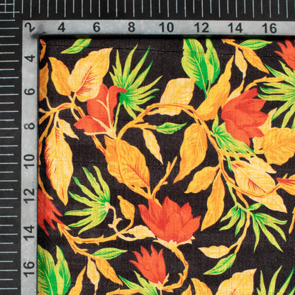 Black And Fire Yellow Leaf Pattern Digital Print Art Tusser Silk Fabric
