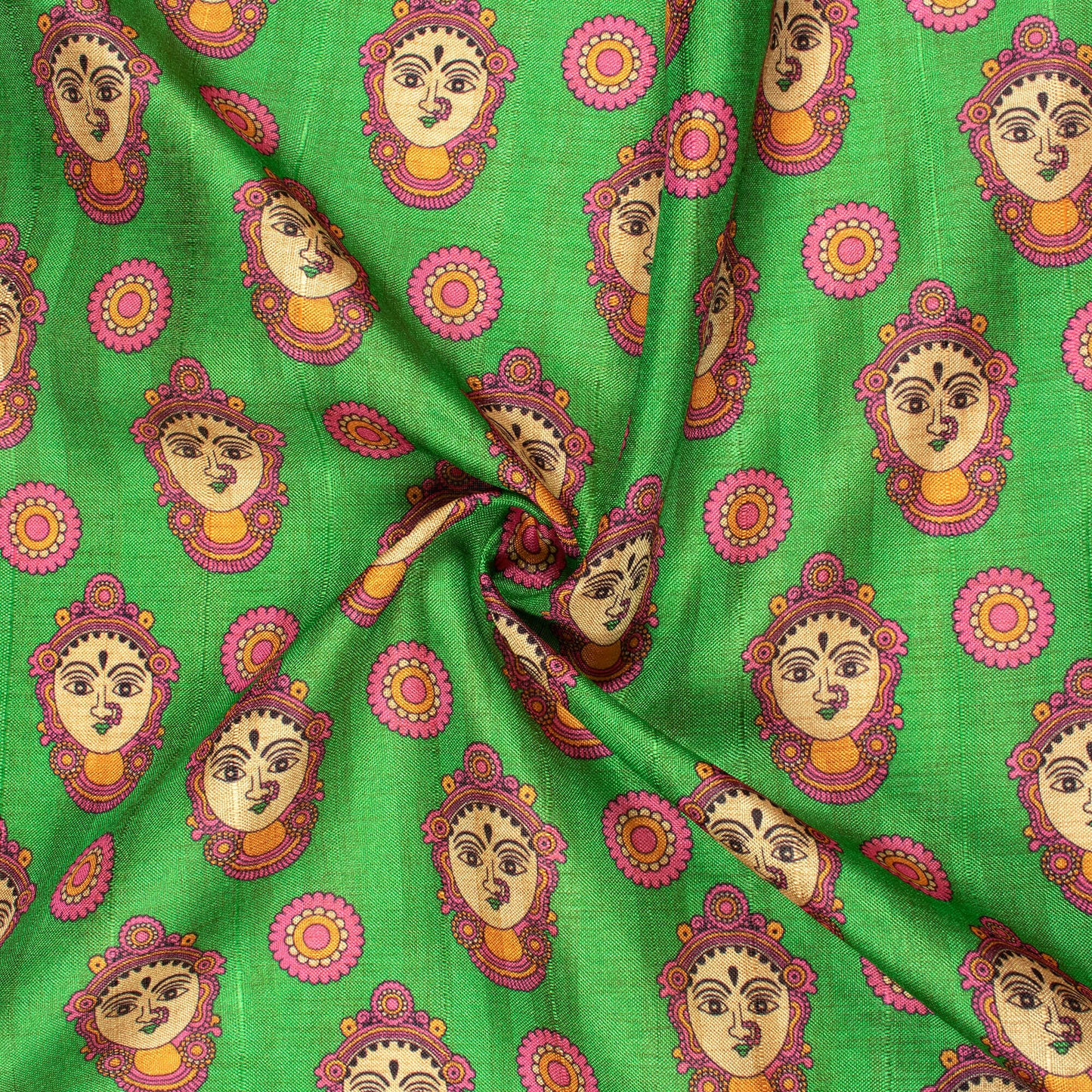 Forest Green And Hot Pink Madhubani Pattern Digital Print Art Tusser Silk Fabric