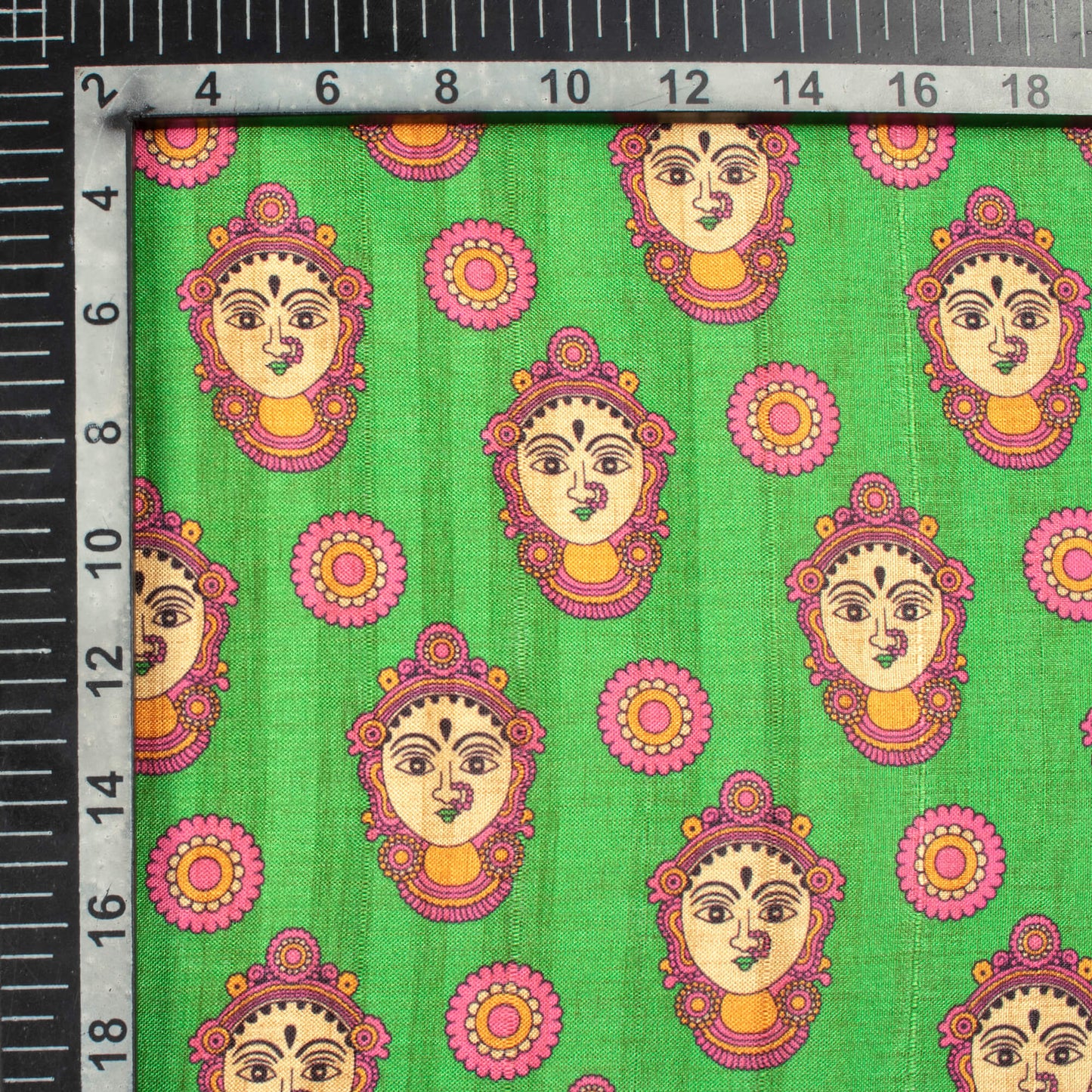 Forest Green And Hot Pink Madhubani Pattern Digital Print Art Tusser Silk Fabric