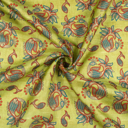 Lemon Green And Blood Red Madhuvanii Pattern Digital Print Art Tusser Silk Fabric