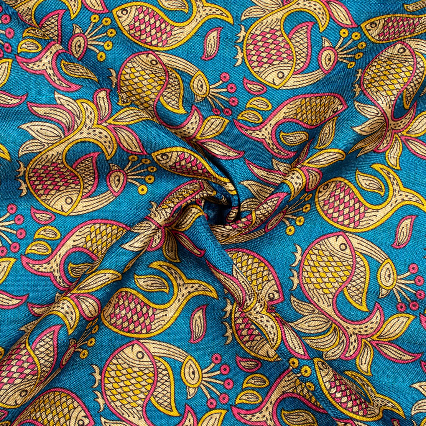 Peacock Blue And Magenta Pink Madhubani Pattern Digital Print Art Tusser Silk Fabric