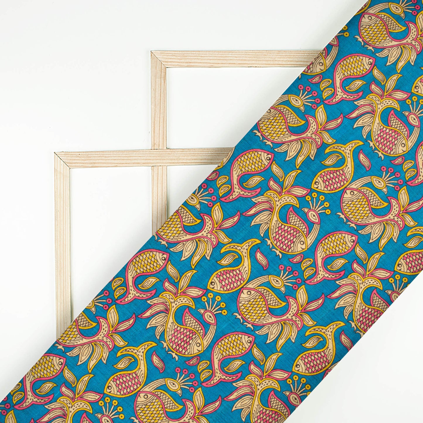 Peacock Blue And Magenta Pink Madhubani Pattern Digital Print Art Tusser Silk Fabric