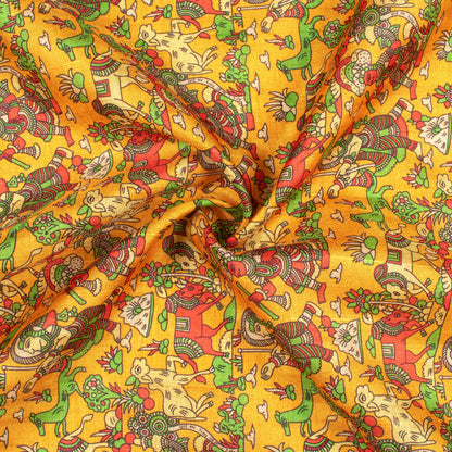 Ochre Yellow And Dark Amber Orange Madhuvanii Pattern Digital Print Art Tusser Silk Fabric