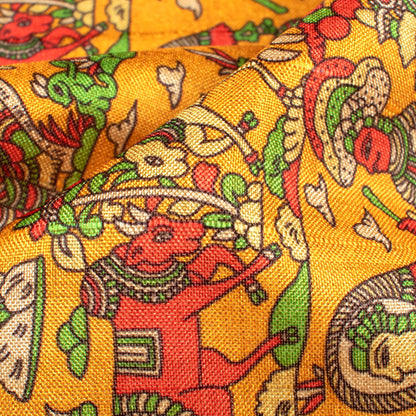 Ochre Yellow And Dark Amber Orange Madhuvanii Pattern Digital Print Art Tusser Silk Fabric