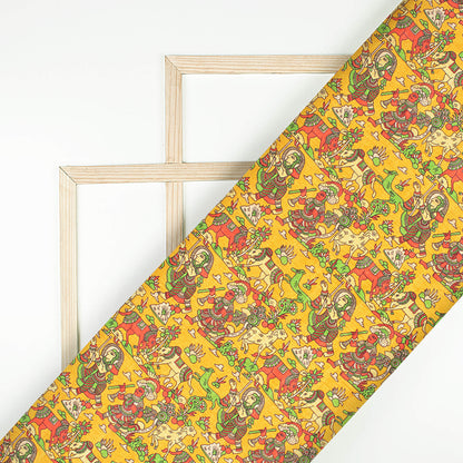 Ochre Yellow And Dark Amber Orange Madhuvanii Pattern Digital Print Art Tusser Silk Fabric