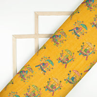 Ochre Yellow And Peacock Blue Madhuvanii Pattern Digital Print Art Tusser Silk Fabric