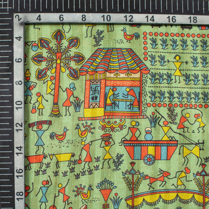 Pistachio Green And Persian Red Madhuvanii Pattern Digital Print Art Tusser Silk Fabric