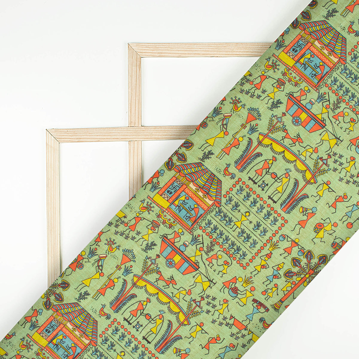 Pistachio Green And Persian Red Madhubani Pattern Digital Print Art Tusser Silk Fabric