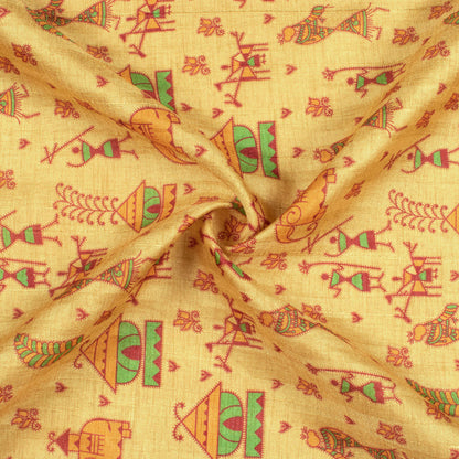 Mellow Yellow And Maroon Madhuvanii Pattern Digital Print Art Tusser Silk Fabric