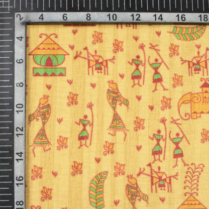 Mellow Yellow And Maroon Madhuvanii Pattern Digital Print Art Tusser Silk Fabric