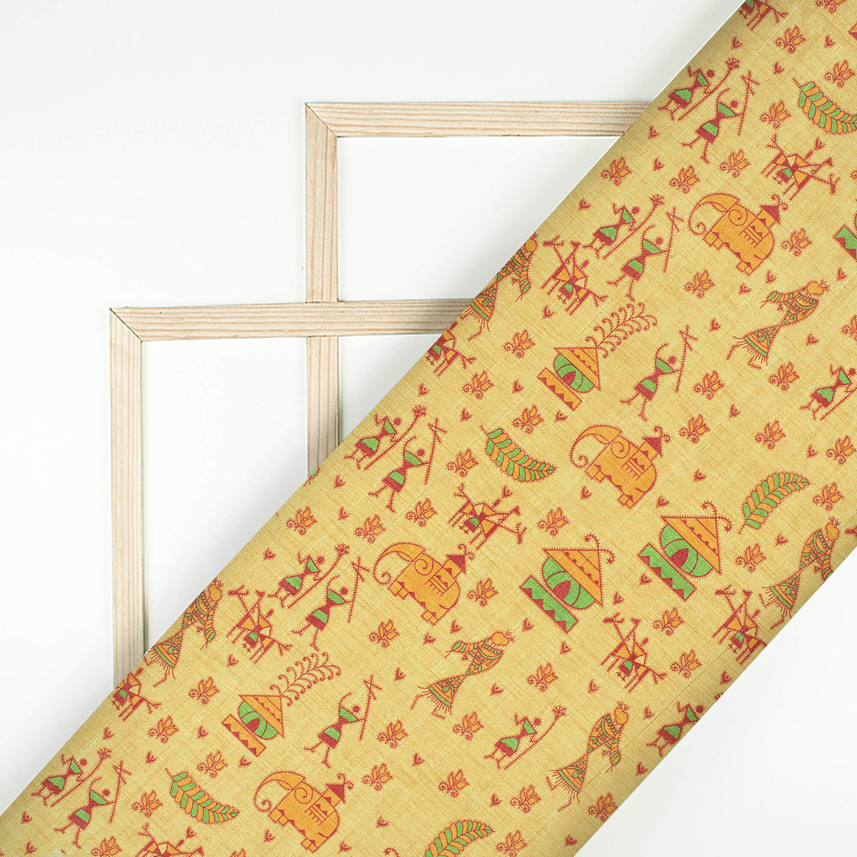 Mellow Yellow And Maroon Madhubani Pattern Digital Print Art Tusser Silk Fabric