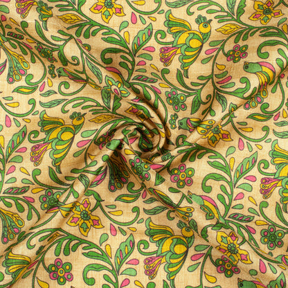 Oat Beige And Forest Green Madhuvanii Pattern Digital Print Art Tusser Silk Fabric
