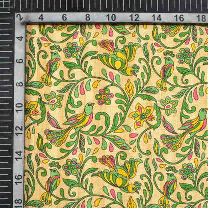 Oat Beige And Forest Green Madhuvanii Pattern Digital Print Art Tusser Silk Fabric