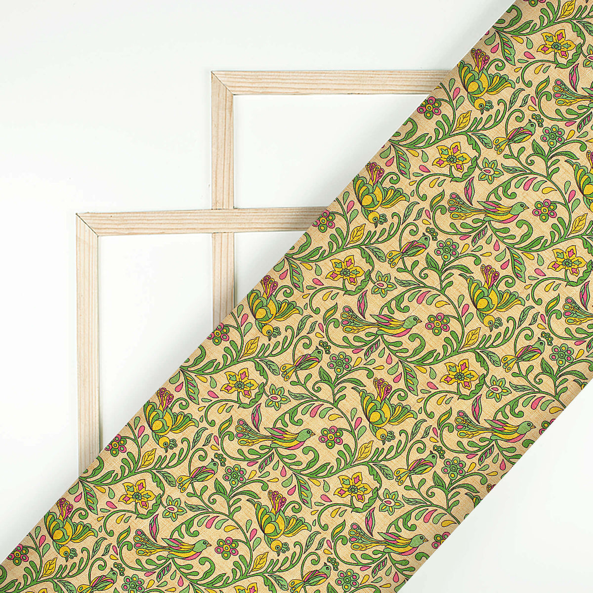 Oat Beige And Forest Green Madhubani Pattern Digital Print Art Tusser Silk Fabric
