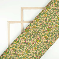 Oat Beige And Forest Green Madhuvanii Pattern Digital Print Art Tusser Silk Fabric