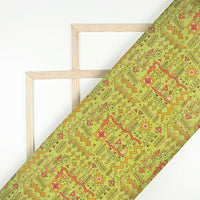 Chartreuse Green And Dark Amber Orange Quirky Pattern Digital Print Art Tusser Silk Fabric