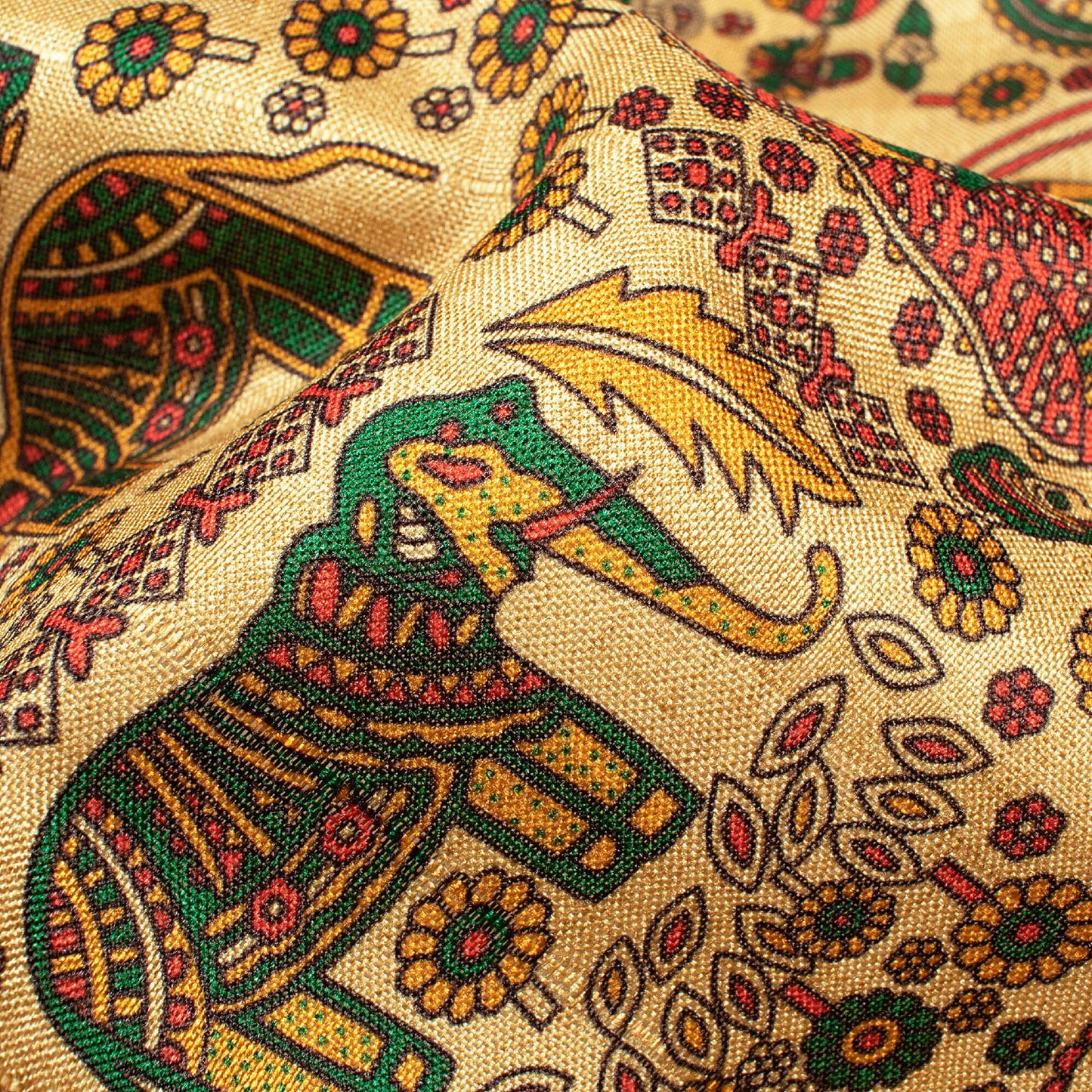 Oat Beige And Bottle Green Madhubani Pattern Digital Print Art Tusser Silk Fabric
